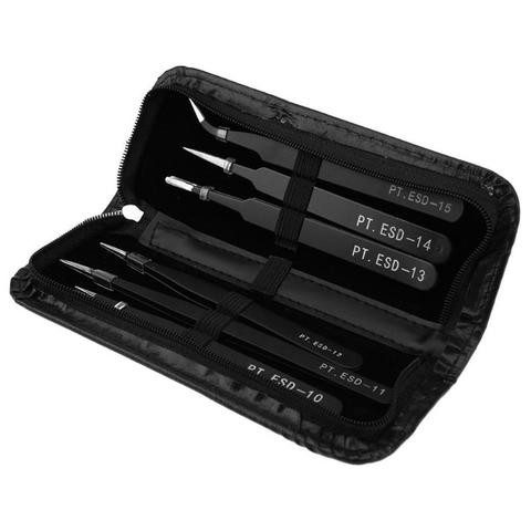 6Pcs/Set Tweezers Tool ESD 10-15 Safe Anti-static Stainless Steel Soldering Tweezers Tools Set for Soldering Station with Bag ► Photo 1/6