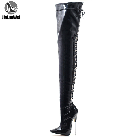 jialuowei Women Boots Sexy 18cm High Heels Metal Thin Heels Woman Pointed toe Cross tied Over Knee Thigh High Dancing Party Boot ► Photo 1/6