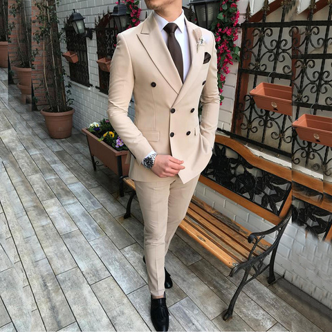 2022 New Beige Men's Suit 2 Pieces Double-breasted Notch Lapel Flat Slim Fit Casual Tuxedos For Wedding(Blazer+Pants) ► Photo 1/6