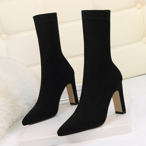 Plus Size High Heel Boots Sock Women 2022 Flock Shoes Sexy Party Thick Heel Ankle Booties Female Winter Pointed Toe Boots Shoes ► Photo 1/6