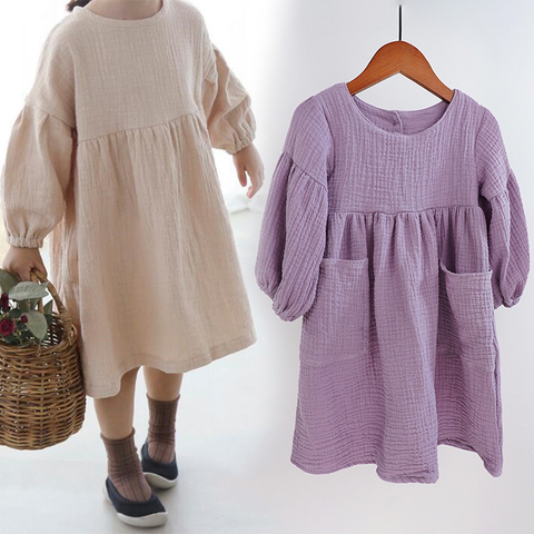 Autumn Spring Children's Clothes Organic Cotton Double Gauze Loose Pockets Baby Girls Dress Fashion Princess Casual Kids Dresses ► Photo 1/6
