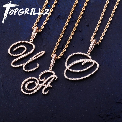 TOPGRILLZ New A-Z Cursive Letters Name Pendant&Necklace Iced Out Cubic Zircon Gold Silver Color Charm  Hip Hop Jewelry ► Photo 1/6
