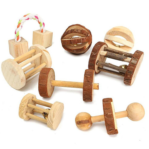 Cute Natural Wooden Rabbits Toys Pine Dumbells Unicycle Bell Roller Chew Toys for Guinea Pigs Rat Small Pet Molars Supplies ► Photo 1/6