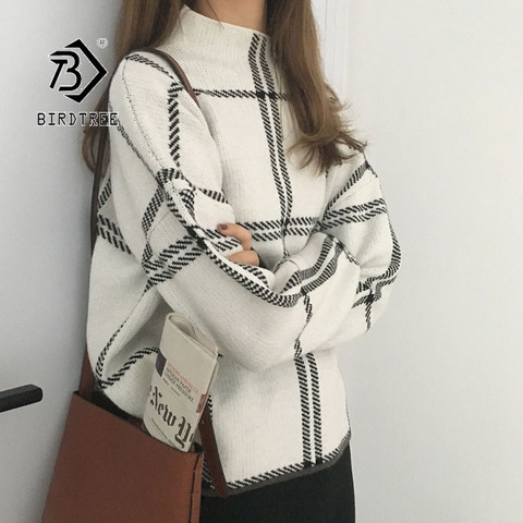 2022 Ins Winter New Women's Pullovers Sweater Fashion Plaid Turtleneck Loose Knit Full Sleeve Korean Casual Tops T98301D ► Photo 1/6
