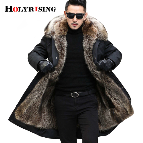 Holyrising Winter men's long coat with big fur collar thick parka Fake raccoon fur Jacket Men Fur Parka warm coat fit Russia ► Photo 1/6