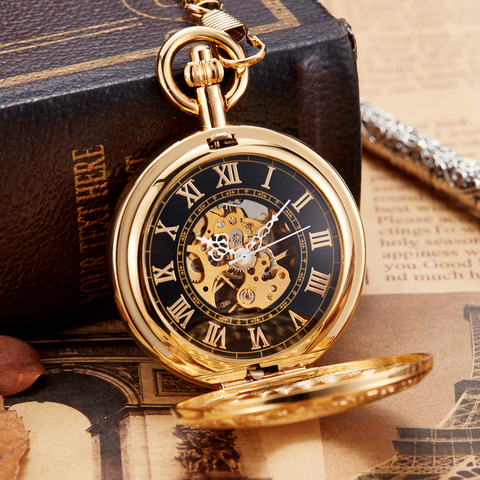 Luxury Gold Mechanical Pocket Watch Vintage Copper Male Clock Hand Wind Square Necklace Watch Chain For Men Women Gift ► Photo 1/6