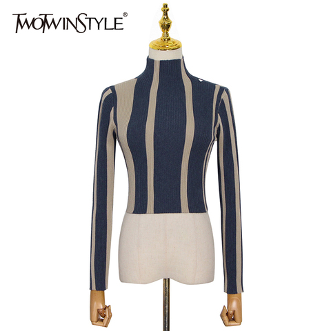 TWOTWINSTYLE Striped Temperament T Shirt For Women Turtleneck Long Sleeve Hit Color Slim Short Tops Female Fashionable New Tide ► Photo 1/6