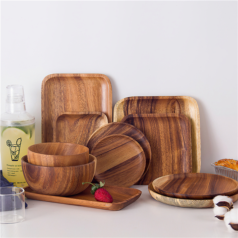 Wooden Tableware Japanese Wood Color Round Square Plate Bowl Taste Dish Cutlery Set Household Kitchen Supplies Dinnerware ► Photo 1/6