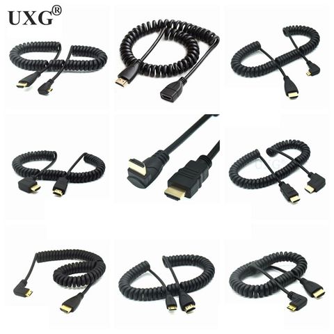 HDMI to Right up Left Down Angle Mini HDMI & Micro HDMI male to male stretch Spring Curl Flexible Cable V1.4 DSLR 0.5M 6ft 1.8M ► Photo 1/4