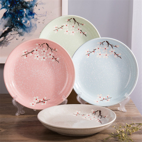 Japanese Floral Round Ceramic Dinner Plate Glaze Cherry Blossom Porcelain Dish Plate Steak Fruit Dessert Tray Snack Dishes Plate ► Photo 1/6