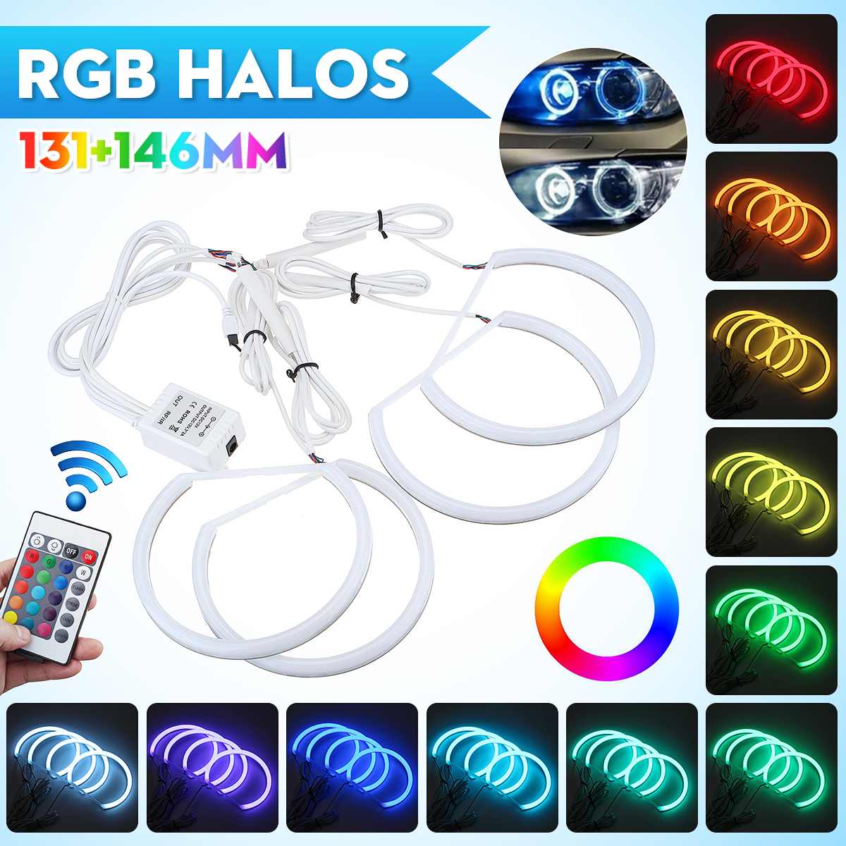 Headlight Multi-color RGB LED Angel Eyes Halo Ring Eye Light Remote Control for BMW  E46 E90 E91 2PCS 131mm 2PCS 146mm ► Photo 1/6