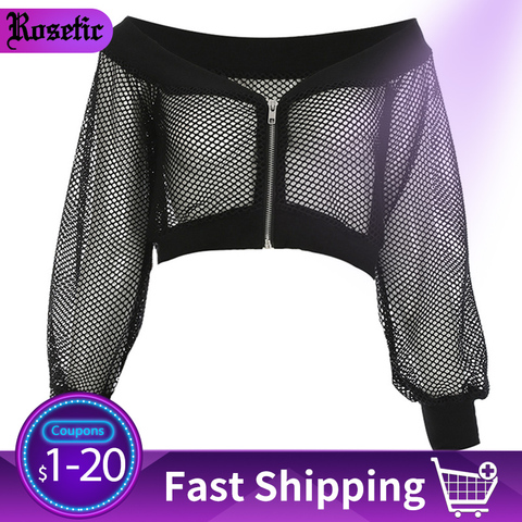 Rosetic Gothic Sexy Short Women Blouse Black Mesh See-Through Slash Neck Hollow Off Shoulder Long Sleeve Club Street Goth Blouse ► Photo 1/6