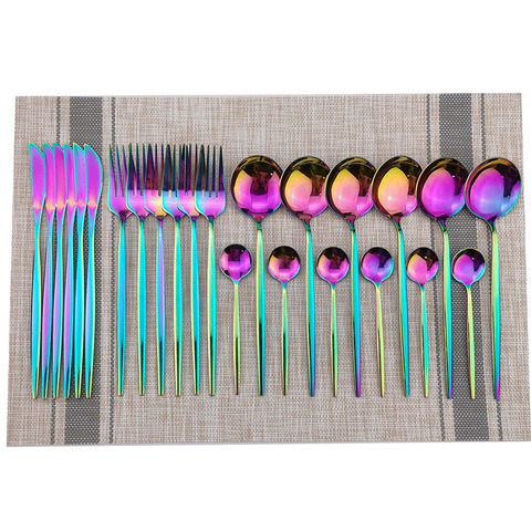 24pcs Rainbow Dinnerware Sets 18/10 Stainless Steel Cutlery Set Handle Gold Knife Fork Spoon Tableware Set Party Silverware Set ► Photo 1/6