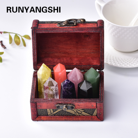 Runyangshi 1set Treasure wooden box suit Seven Star array crystal pillar  crystal wand points Energy gem ► Photo 1/6