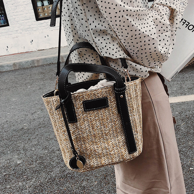 Drawstring Women's Straw Bucket Bag Summer Woven Shoulder Bags Shopping Purse Beach Handbag Straw Handbags Travel Bag ► Photo 1/6