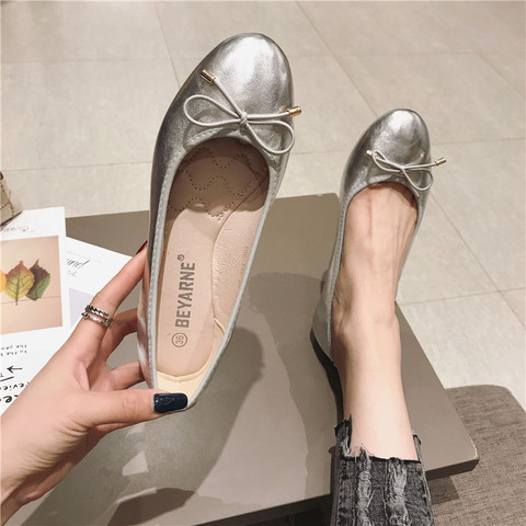 Women Ballet Flat Shoes Round Toe Bow Silver Gold Flats Bowknot Slip on Loafers Lazy Casual Shoes Plus Large Size 41 Waterproof ► Photo 1/5