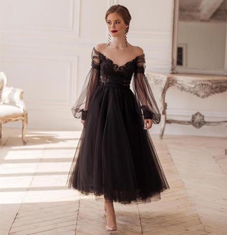 Elegant Prom Dress 2022 Black Long Sleeve Puff Sexy V-Neck Lace Appliques Back Off Shoulder Women Party Gown Evening  Graceful ► Photo 1/6