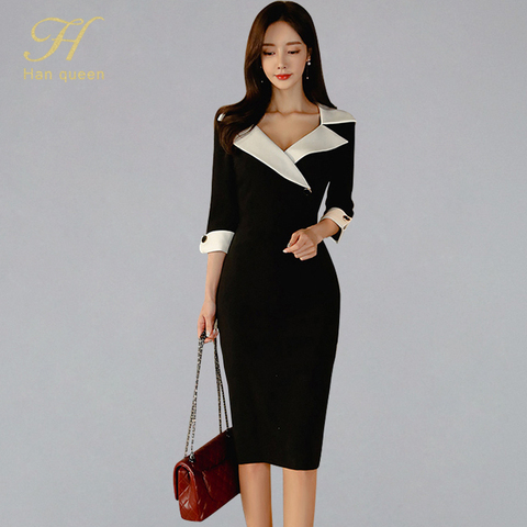 H Han Queen Women New Notched Neck Black Sheath Pencil Dress Fashion Slim Sexy OL Work Bodycon Dresses Office Business Vestidos ► Photo 1/6