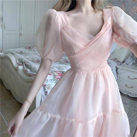 Elegant Designer Dress Women French Pink Bandage Dress Casual Puff Sleeve Slim Lace Chiffon Dress 2022 Autumn Women's Clothing ► Photo 1/6