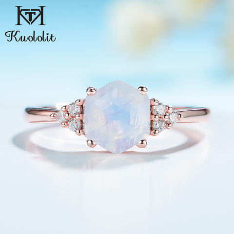 Kuololit 585 Rose Gold Rainbow Moonstone Gemstone Ring for Women 925 Sterling Silver Hexagon Natural Gemstone Ring for Romantic ► Photo 1/6