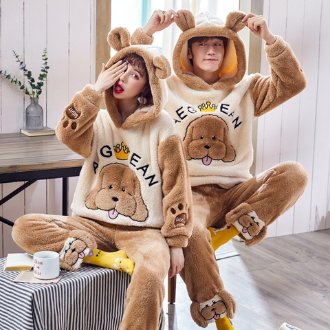 Unisex Adult Flannel Sleepwear Thicken Warm Couple Pajama Sets Long Sleeve Pyjamas Cartoon Cute Homewear Female Winter Home Suit ► Photo 1/6