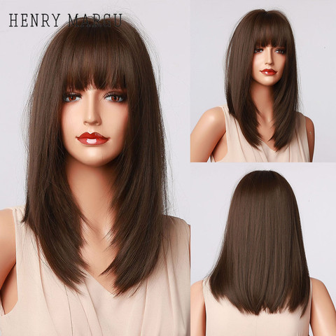 HENRY MARGU Dark Brown Medium Long Bob Synthetic Wigs with Bangs Layered Hair Natural Straight Wigs for Women High Temperature ► Photo 1/6