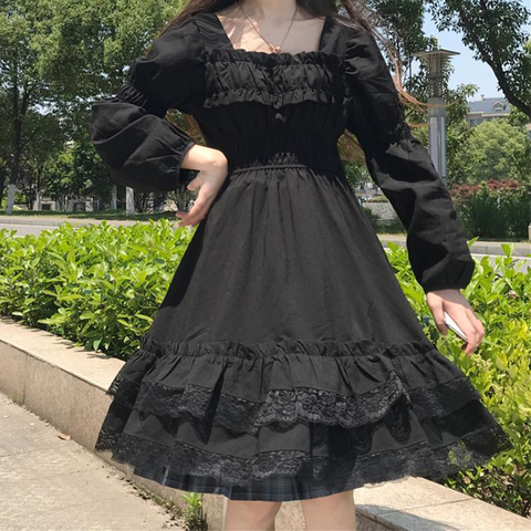 Japanese Women Victorian Gothic Square Collar Lace Ruffles Black Lolita Dress Autumn Girls Punk Style Long Sleeve Mini Dresses ► Photo 1/6