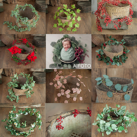 Newborn Photography Prop Simulated Green Plants Basket Stuffer Accessorie Berry Daisy Rattan Strip Vine Studio Shooting Flowers ► Photo 1/6