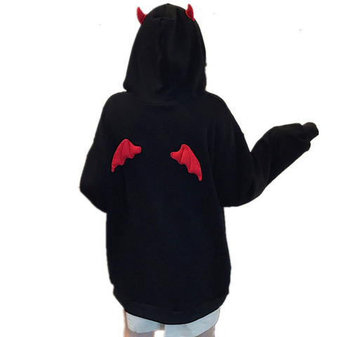 Harajuku Hoodies Girl Little Devil Horns Gothic Hooded Sweatshirts Women Demon Fly Wings Loose Pullovers Pocket Tops Streetwear ► Photo 1/6