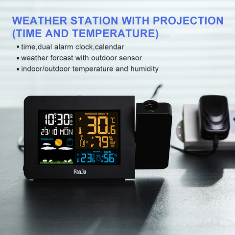 FanJu FJ3391 Weather Station With Projection |Weather Monitor |DCF Radio control | Calendar |7 languages| Backlight Alarm Clock ► Photo 1/6