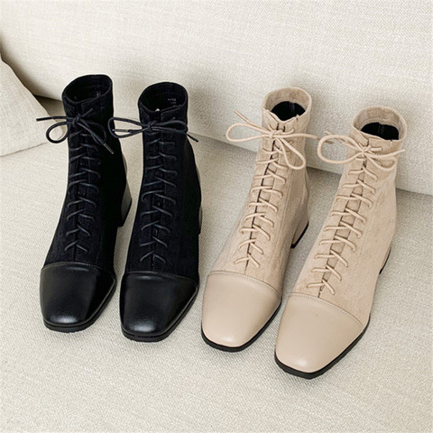 2022 Autumn Winter Women Ankle Boots Shoes Solid Black Beige Lace-up Square Toe Rubber Elegant fashion Low Heels Women Boots 43 ► Photo 1/6