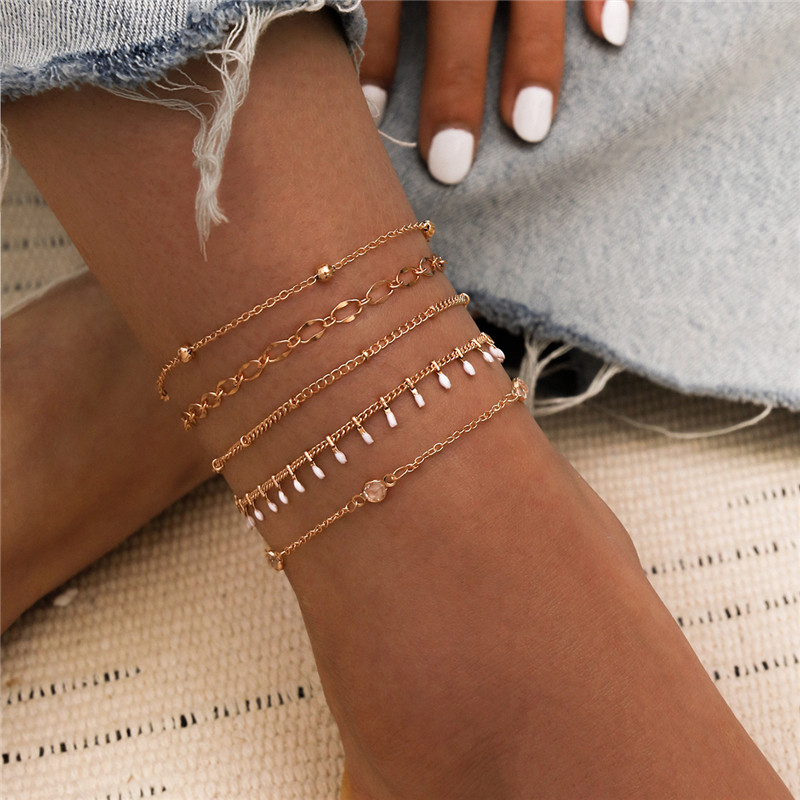 Rhinestone Multi-layer Beach Anklet Set Ankle Bracelet  Foot Jewelry Bead Chain