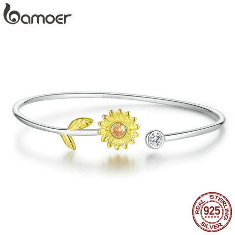 bamoer Genuine 925 Sterling Silver Gold Color Adjustable Sunflower Cuff Bangle Bracelet for Women Fine Jewelry 2022 New BSB045 ► Photo 1/6