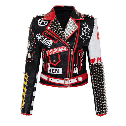 DJ Costume Faux Leather Short Jacket  Women Punk Style Graffiti Studded Rivet and Chain Fashion High Waist Motor Jackets ► Photo 1/6