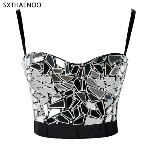 SXTHAENOO Women's Silver Sequin Cropped Top Rhinestone Pearl Tank Glitter Sexy Corset Top Carnival Party Camisole ► Photo 1/6