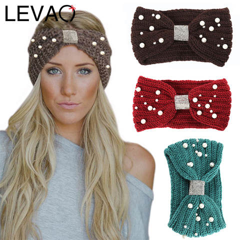 LEVAO Autumn And Winter Models Knitted Pearl Headband Rhinestone Knotted Wool Warm Turban Women Hairbands Girls Hair Accessories ► Photo 1/6