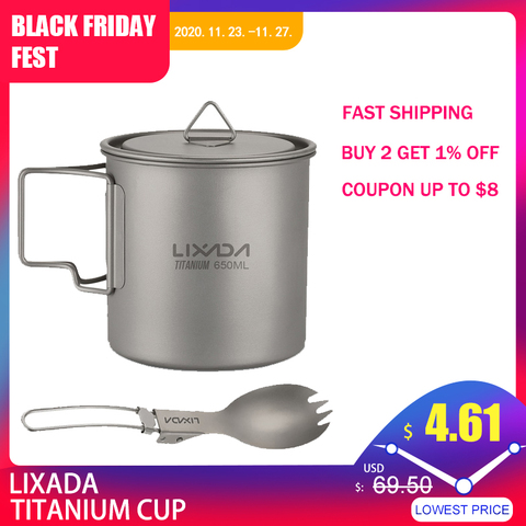 Lixada Ultralight Titanium Cup Portable Camping Picnic Water Cup Mug with Foldable Handle 300ml/350ml/420ml/550ml/650ml/750ml ► Photo 1/6