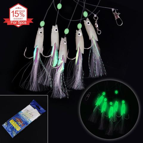 5 In 1 Luminous Sabiki Soft Fishing Lure Hook 1/0# 1# 2# 3# 4# Fishing String Hook During Dark Night Fishing Tackles ► Photo 1/6