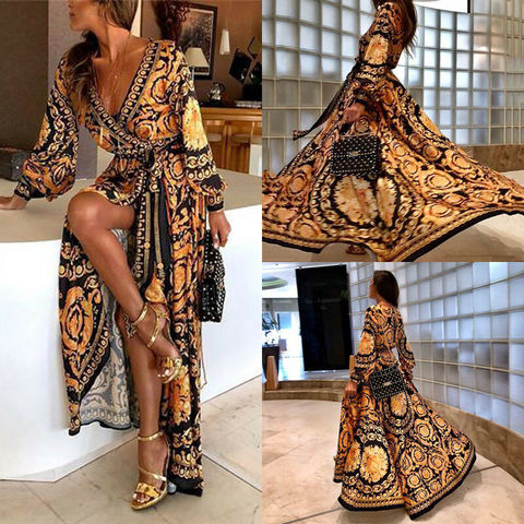 Ladies Women Elegant Sexy Long Sleeve Ethnic Style Boho Print V Neck High Waist Party Beach Holiday Casual Split Maxi Dress ► Photo 1/6