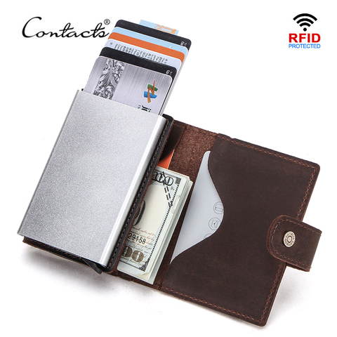 CONTACT'S Crazy Horse Leather Card Holder Wallet Men Automatic Pop Up ID Card Case Male Coin Purse Aluminium Box RFID Blocking ► Photo 1/6