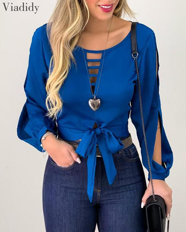 Women Solid Color Tie Front Top Long Sleeve Cut Out Hollow Out Blouse ► Photo 1/3