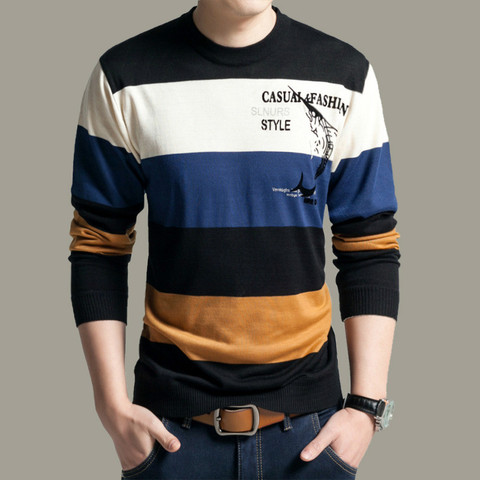 Spring Summer Men's Sweaters Long Sleeve Casual Clothing Round Neck Striped Knitted Tops Fashionable Wear ► Photo 1/6