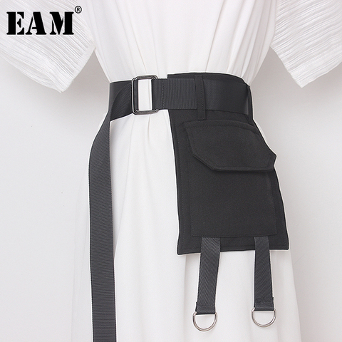 [EAM]  Black Pocket Metal Buckle Split Joint Long Wide Belt Personality Women New Fashion Tide All-match Spring 2022 1Y05701 ► Photo 1/6