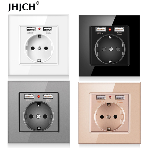 JHJCH EU power socket, plug with 2.1a 16A USB charging port, glass panel, Russian Spanish power socket ► Photo 1/6
