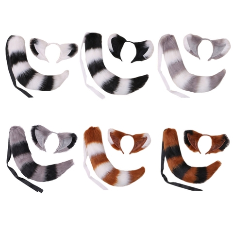 2Pcs Furry Cat Ears Headband Tail Set Stripe Fluffy Plush Animal Cosplay Costume X6HE ► Photo 1/6
