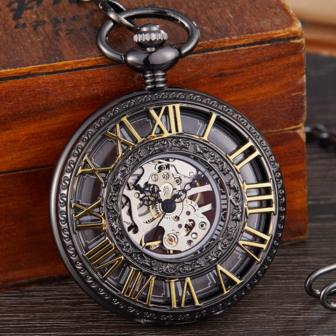 Vintage Mechanical Pocket Watch Men Women Fashion Roman Numerals Wood Hollow Fob Chain Hand Wind Steampunk Clock Skeleton Watch ► Photo 1/6
