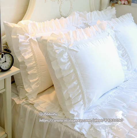 Princess Pure White Double Layer Lace Flounced Cotton Wedding Pure Cotton Bedding Pillowcase  pillow cover ► Photo 1/6