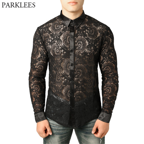 Men's Mesh See Through Fishnet Clubwear Shirts Slim Fit Long Sleeve Sexy Lace Shirt Men Party Event Prom Transparent Chemise 2XL ► Photo 1/6