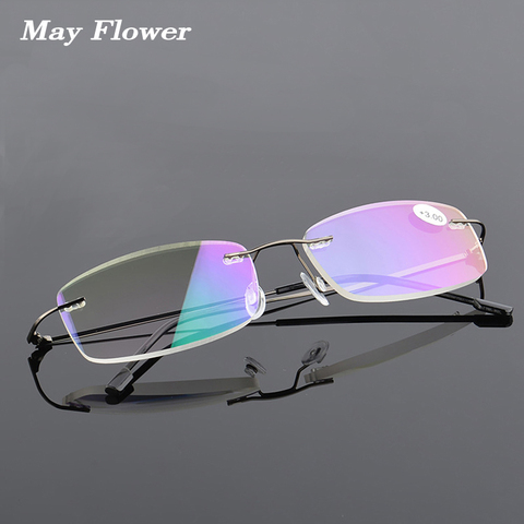 May Flower Memory Titanium Rimless Fashion Reading Glasses Ultralight Square Presbyopic Eyewear For Men&Women+1 +1.25+1.75+2.25 ► Photo 1/6