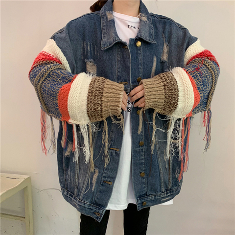 Patchwork Knitting Sleeve Denim Jackets For Women Ripped Hole Tassel Female Jacket  2022 spring Autumn Fashion Tide Overalls Top ► Photo 1/6